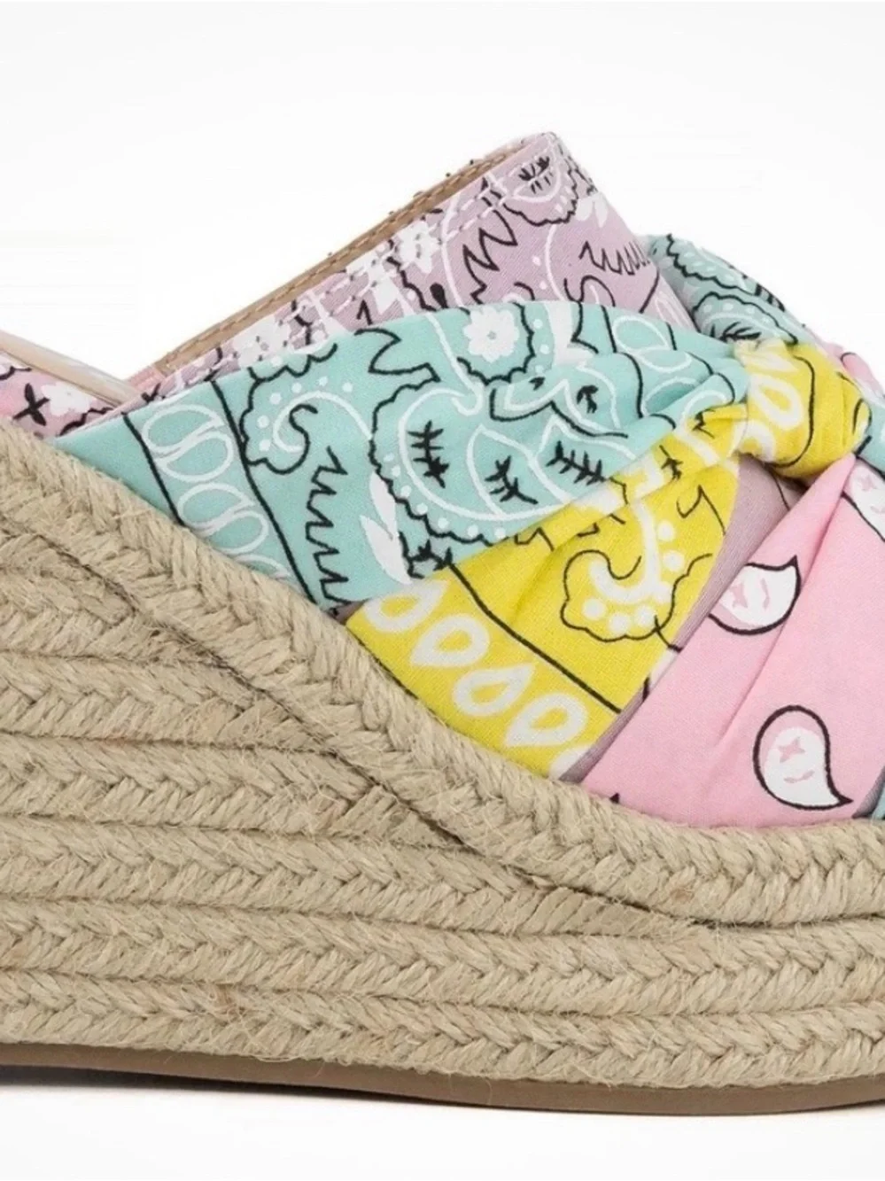 Sugar Bandana-Print Espadrille Wedge Sandal - Pink Mint Yellow